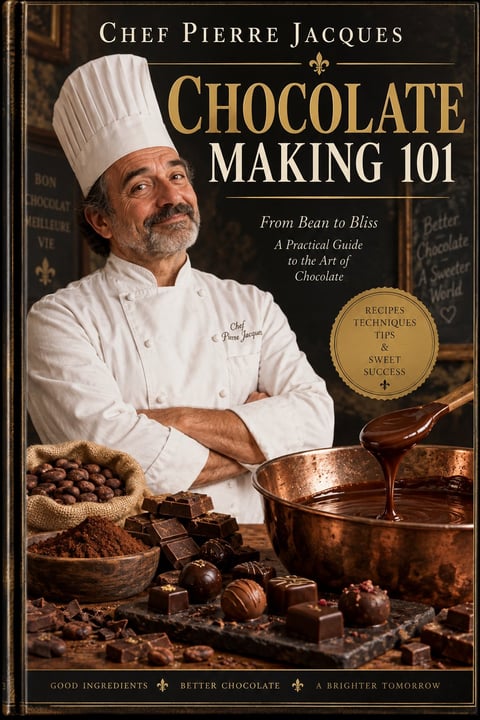 Chef Pierre Jacques in chefs whites and hat, standing with chocolate-making tools and cocoa beans, cover of Chocolate Making 101 cookbook