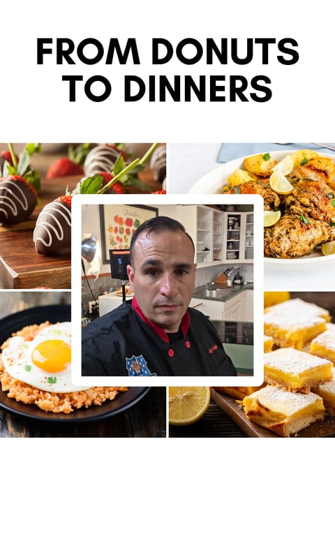 Collage showing From Donuts to Dinners concept with chef portrait and various food dishes including chocolate donuts, grilled chicken, eggs, and pastries
