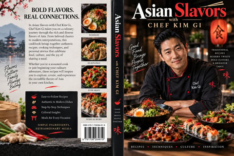 Asian Flavors cookbook by Chef Kimchi displaying food photography, recipes, and cultural content on front and back cover