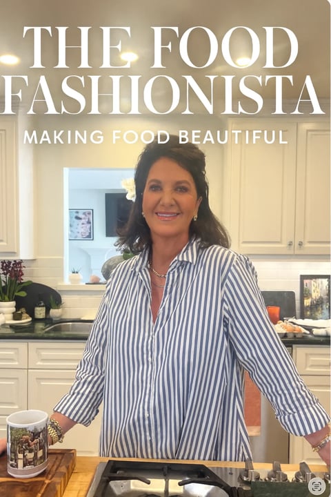Woman in striped shirt in kitchen with text The Food Fashionista Making Food Beautiful