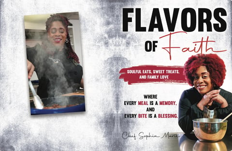 Flavors of Faith promotional image with woman cooking and tagline about soulful eats, family love, and making memories through food