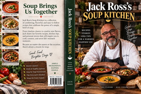 Front and back cover of Jack Rosss Soup Kitchen cookbook showing recipes, cooking tips, and Jack Ross holding a bowl of soup