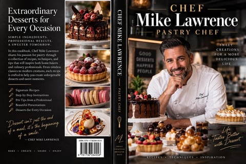 Cookbook cover for Chef Mike Lawrence featuring pastry desserts and professional portrait of the pastry chef
