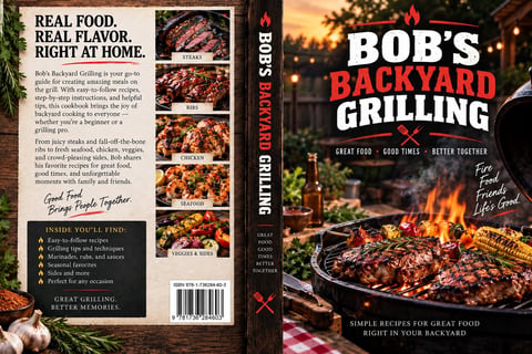 Book cover and interior pages for Bobs Backyard Grilling featuring grilled food recipes and photography with flame imagery