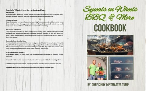 Squats on Wheels BBQ cookbook cover featuring grilled meat photos and chef portraits on white wood background