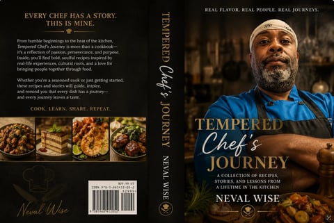 Book cover for Tempered Chefs Journey by Neval Wise showing chef in blue shirt with food photography