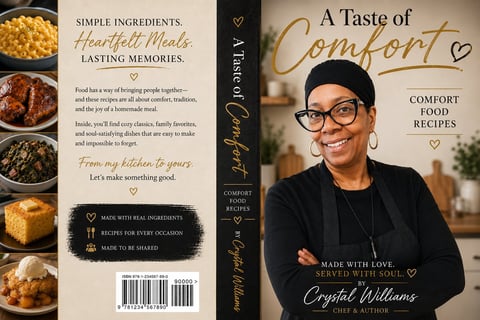 Cookbook cover A Taste of Comfort by Crystal Williams featuring author photo and comfort food recipe images