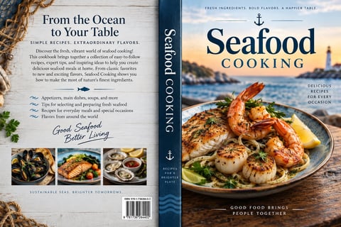 Seafood cookbook covers featuring recipes and plated shrimp dish with harbor backdrop