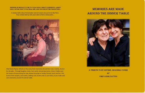Two family photos on yellow background: vintage dinner table scene on left, recent portrait of two women on right. Text reads Memories are made around the dinner table