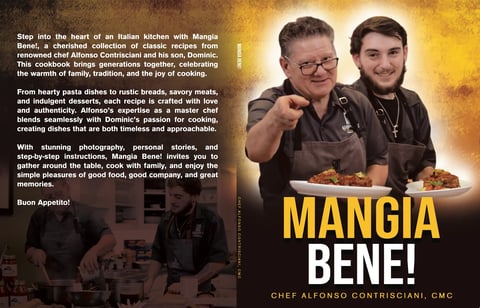 Cookbook cover for Mangia Bene featuring chefs Alfonso Botto and CMC holding Italian food with warm golden lighting
