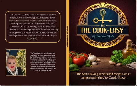Cook-Easy cookbook cover featuring golden circular logo with utensils, fresh vegetables, olive oil, and tagline about simple cooking secrets