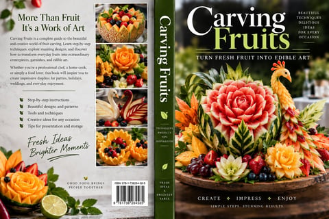 Book cover for Carving Fruits showing colorful fruit and vegetable arrangements with flowers, featuring step-by-step instructions for fruit carving art