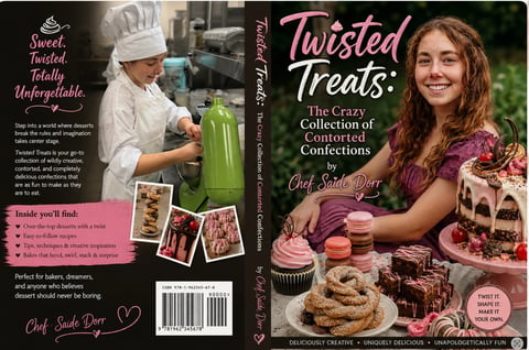 Book cover for Twisted Treats by Chef Sadie Days showing a chef preparing green juice and a woman with baked goods and desserts