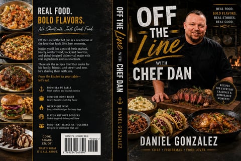 Cookbook cover for Off the Line with Chef Dan by Daniel Gonzalez, featuring chef with bold flavored dishes and tagline Real Food, Bold Flavors