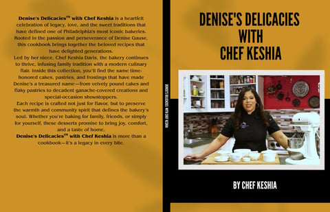 Book cover for Denises Delicacies with Chef Keshia showing the chef at a kitchen counter with recipe collection details
